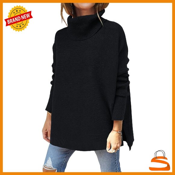 Sweaters - Oversized Turtleneck Batwing Sleeve Split Hem Knit Pullover Sweater